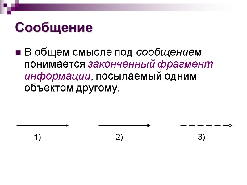 Сообщение В общем смысле под сообщением понимается законченный фрагмент информации, посылаемый одним объектом другому.